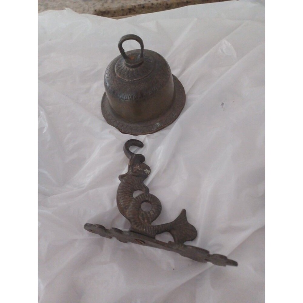 Antique Solid Brass Fish Wall Hangar With Bell Jar & Clapper Great Patina